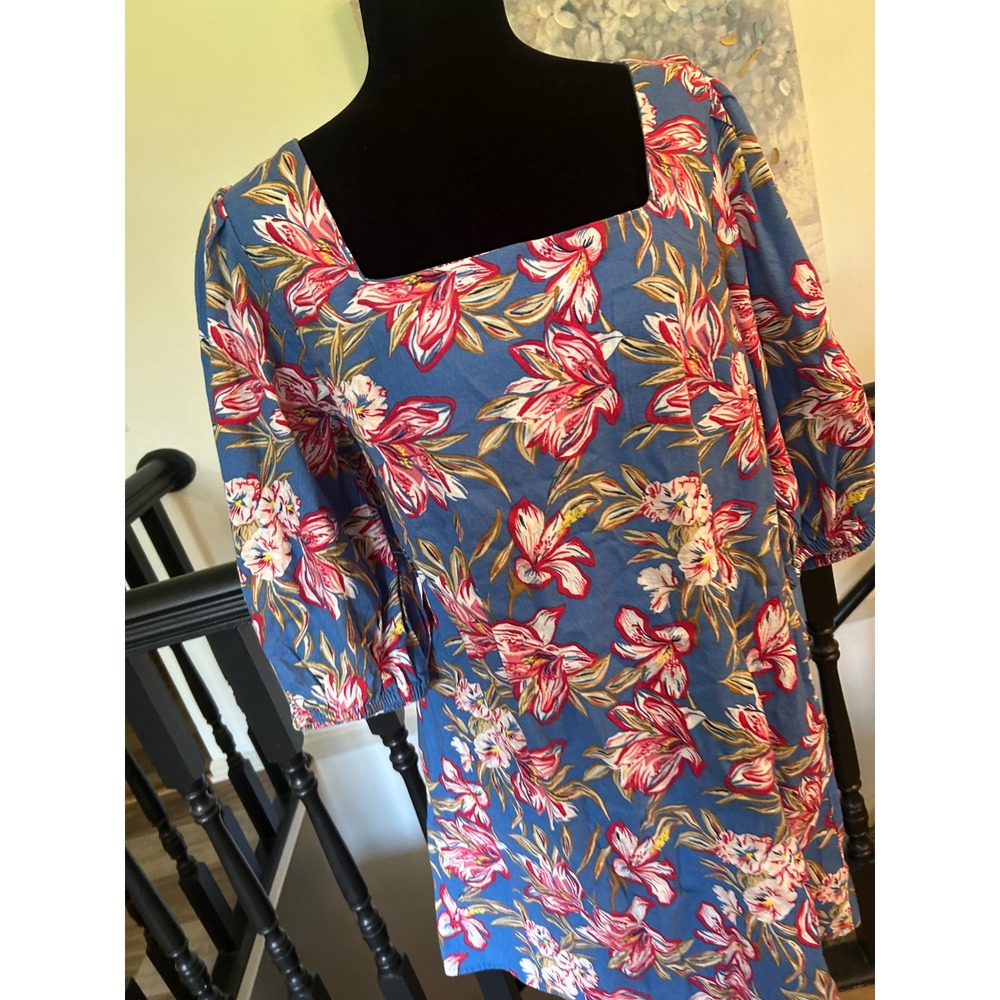 A New Day Blue Floral Cotton Linen Square Neck Puff Sleeve Mini Dress L NEW - Picture 2 of 10